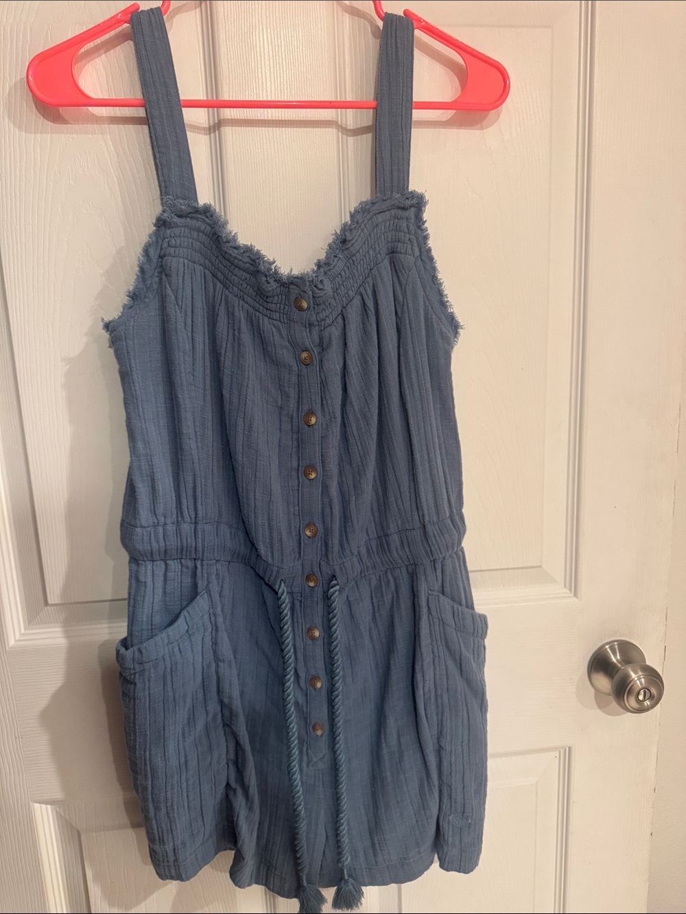 Roxy Blue Button-Front Cotton Romper with Pockets